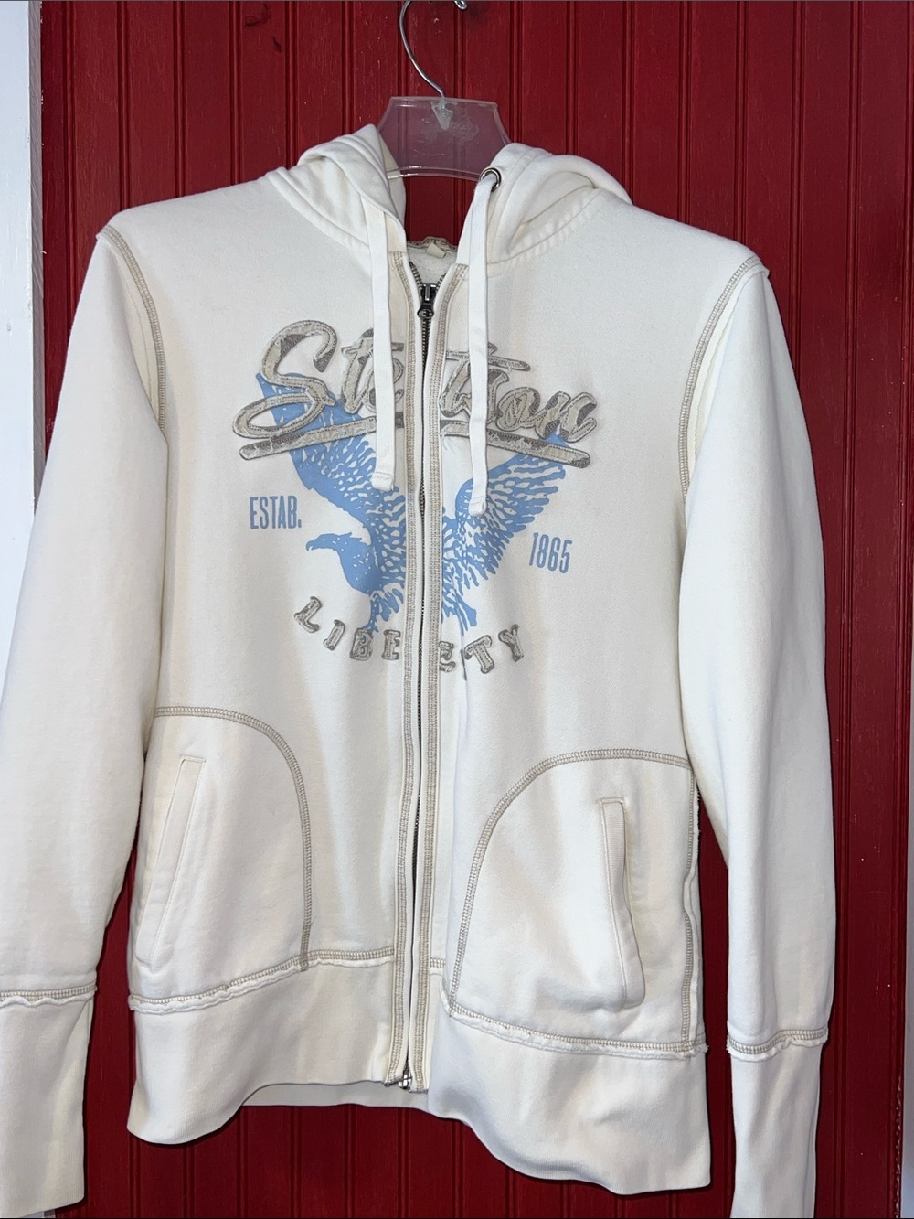 Y2K Stetson Cream Zip-Up Hoodie with Blue Eagle Graphic L